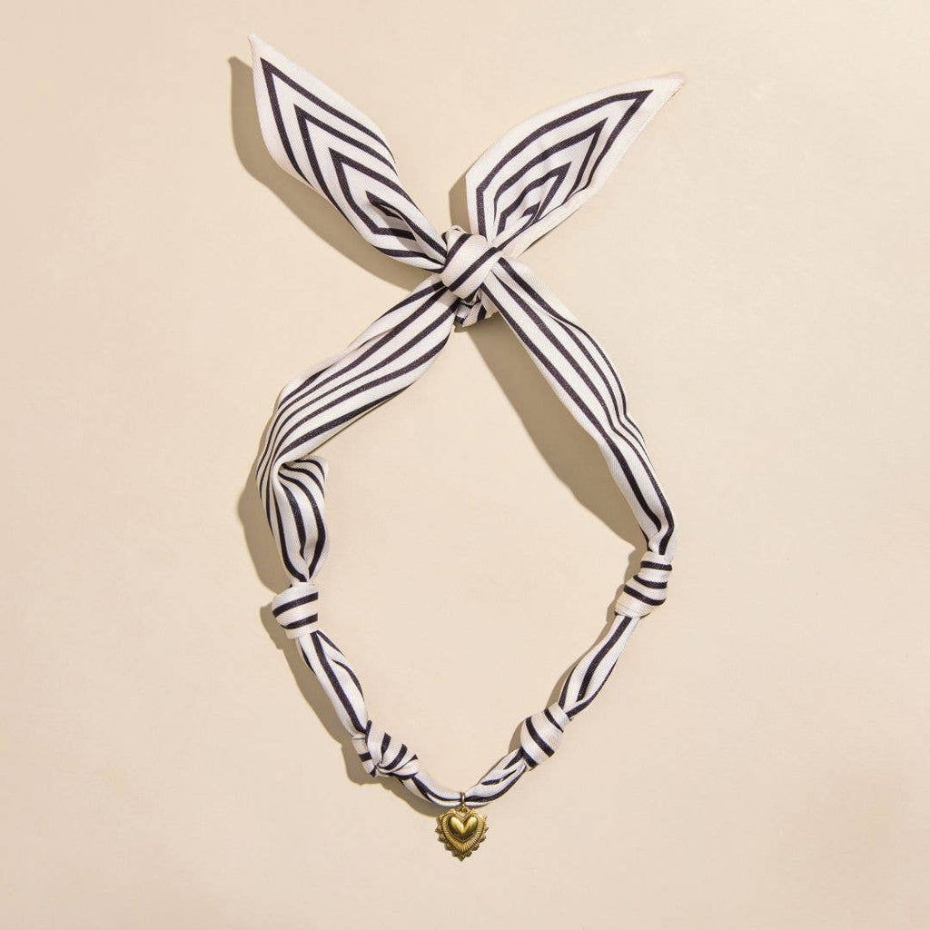 Black & White Stripe Satin Scarf Necklace in Gold