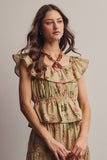 Floral Ruffle Neck Cotton Blouse