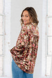 Relaxed Fit Floral Print Button Down Velvet Blouse
