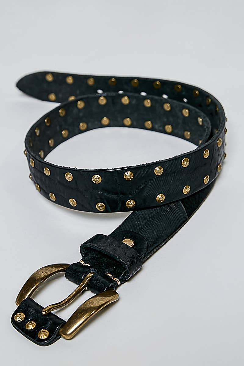 Allover Antique Brass-Tone Studded Genuine Leather Belt