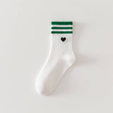 College Style Heart, Two Stripes Print Crew Socks