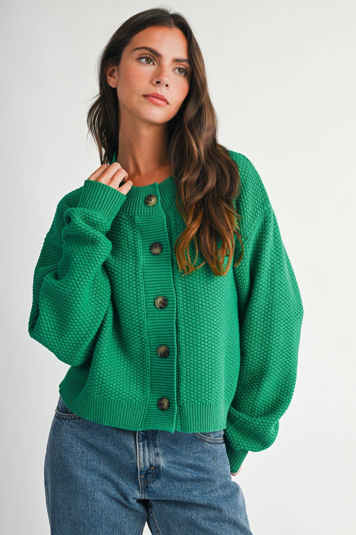 Green Textured Button Front Cardigan Sweater