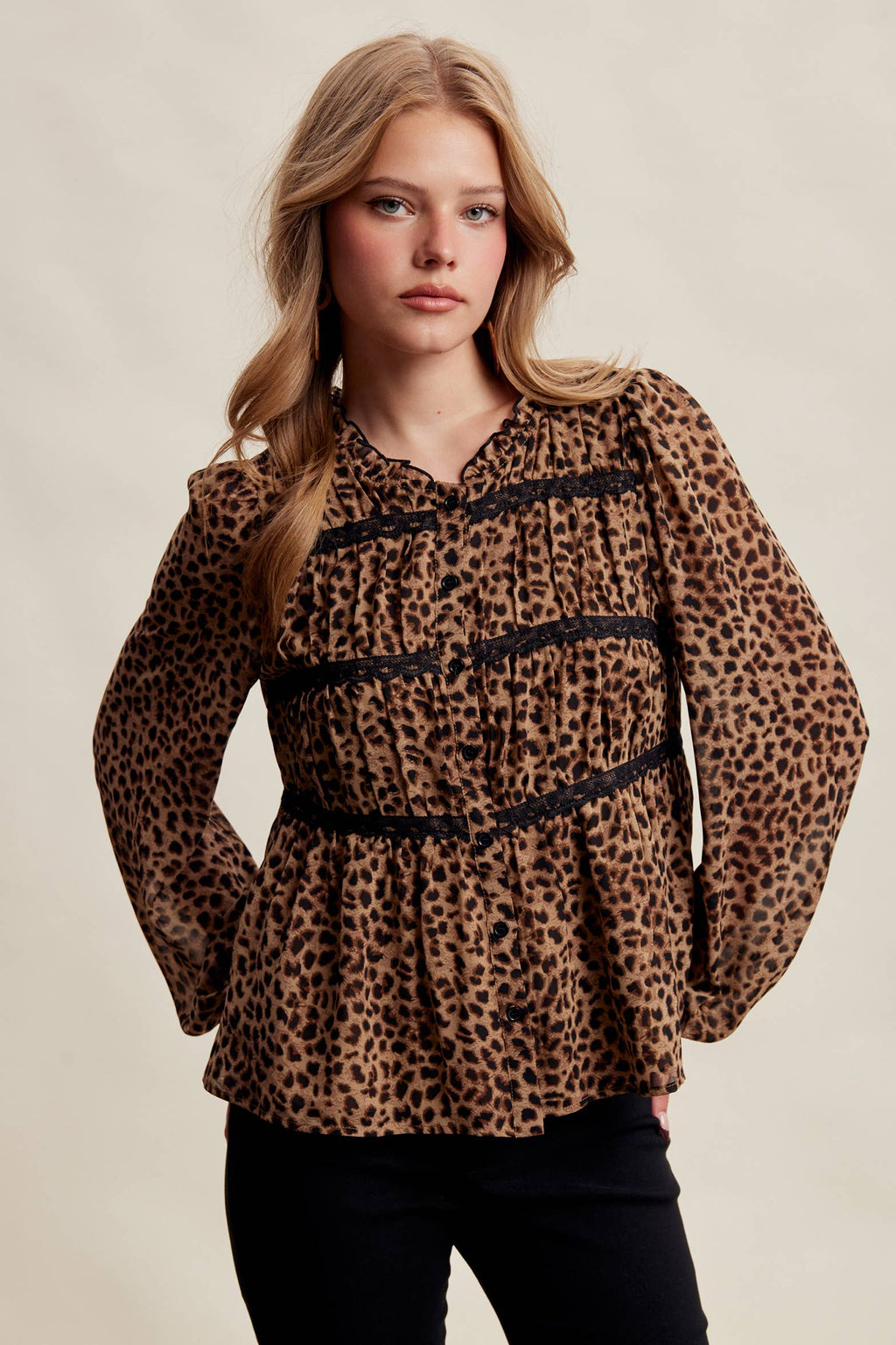 Leopard Print Lace Trim Blouse
