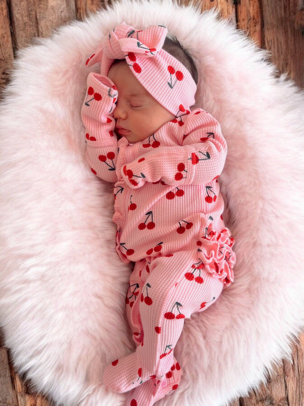 Organic Waffle 2-Way Zip Ruffle Footie, Pink Cherries