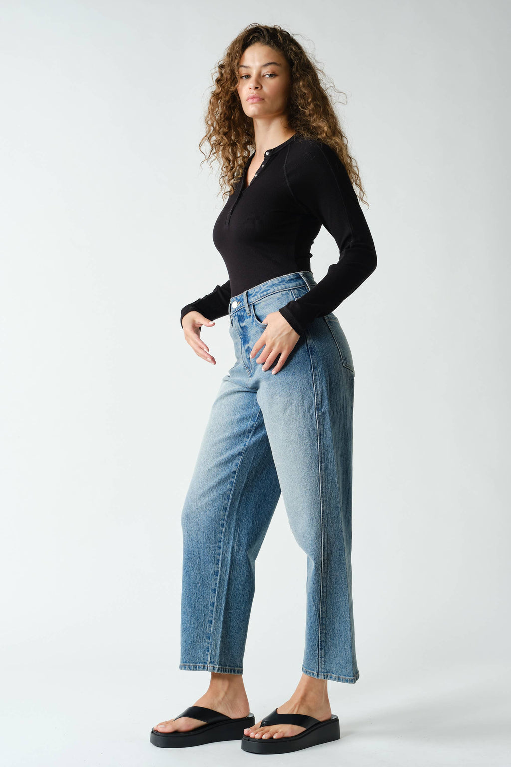 Mono B Long-Sleeved Micro-Ribbed Henley Top
