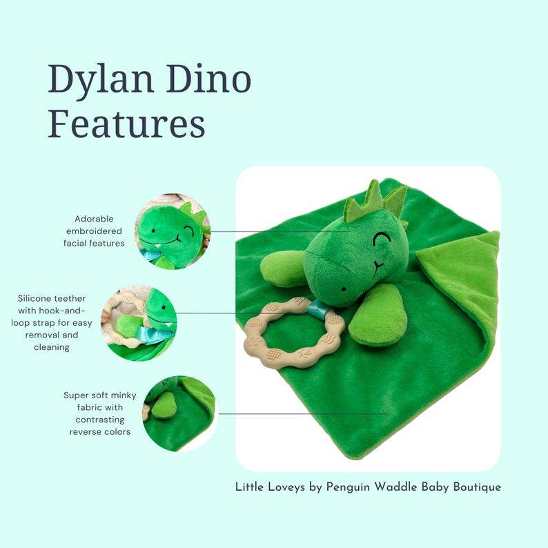 Dylan Dino Plush Toy with Teether: Dinosaur Lovey, Shower Gift, Security Blanket for Babies