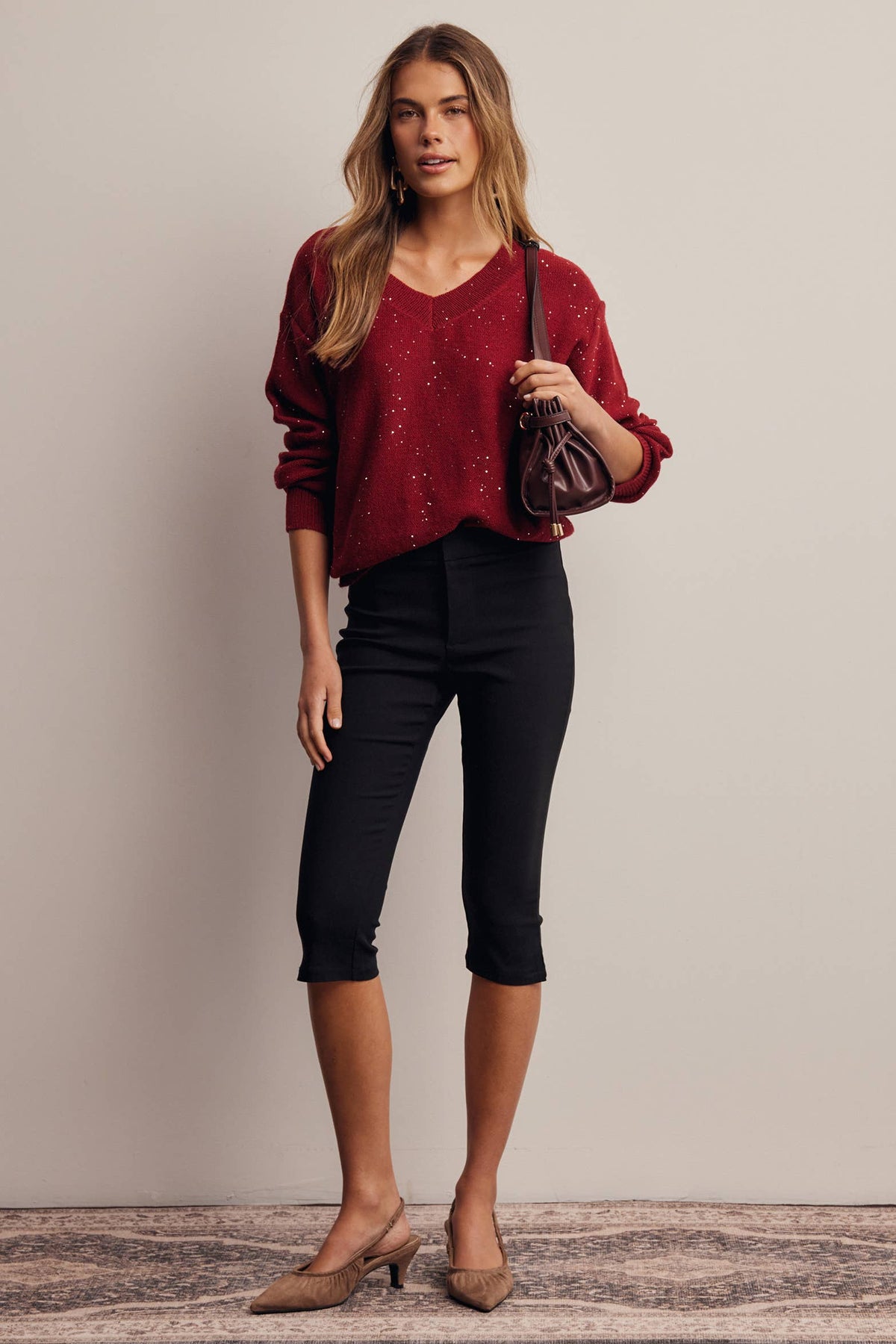 Sequin Embellished V-Neck Knit Sweater