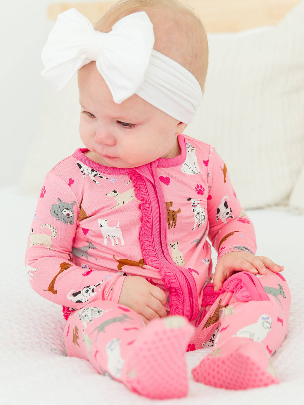 SoftSnooze™ Baby Girls Bamboo Viscose Pink Puppy Playtime Footed Ruffle One Piece Pajama
