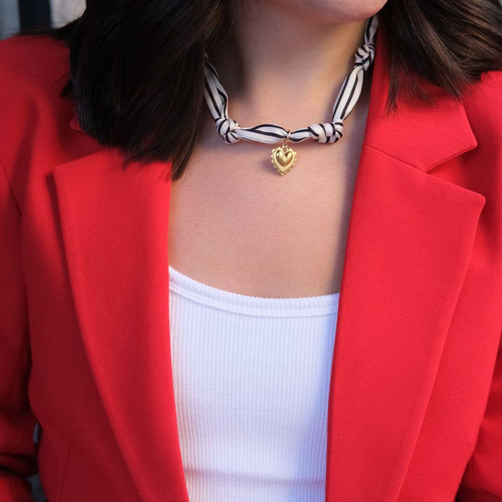 Black & White Stripe Satin Scarf Necklace in Gold