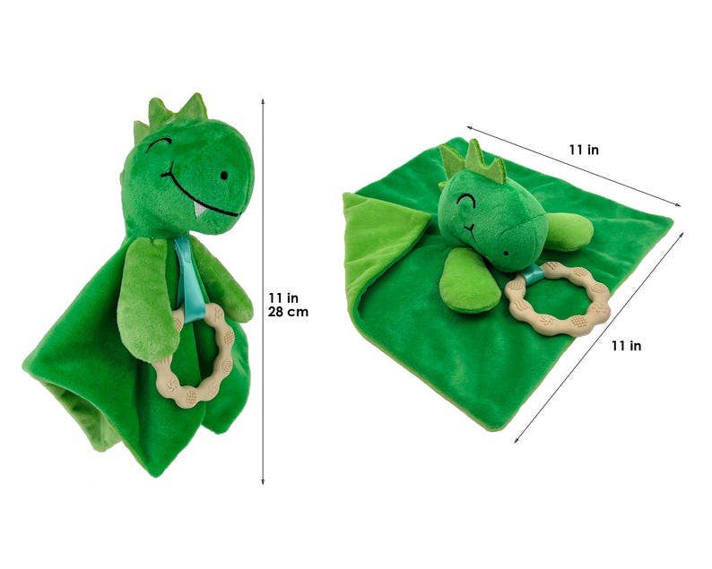 Dylan Dino Plush Toy with Teether: Dinosaur Lovey, Shower Gift, Security Blanket for Babies