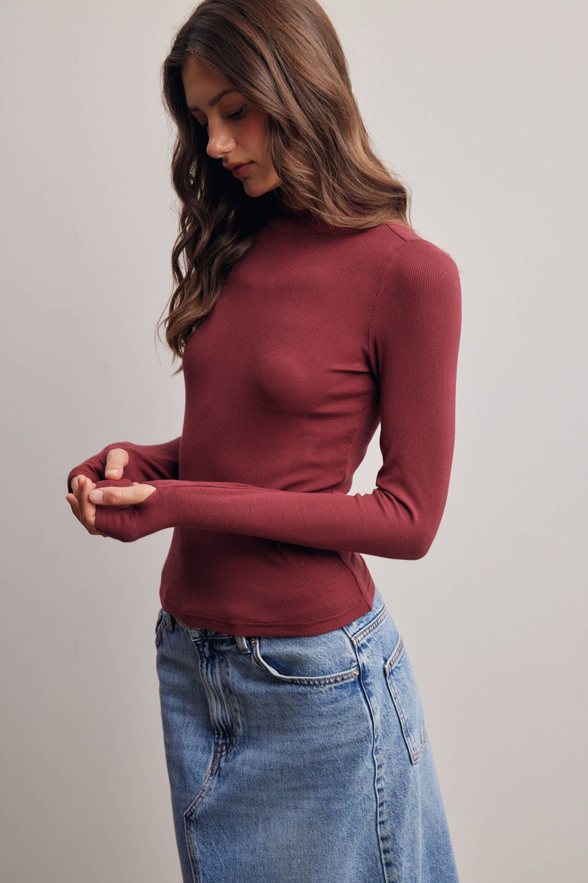 Stretch Ribbed Mock Neck Top