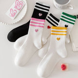 College Style Heart, Two Stripes Print Crew Socks