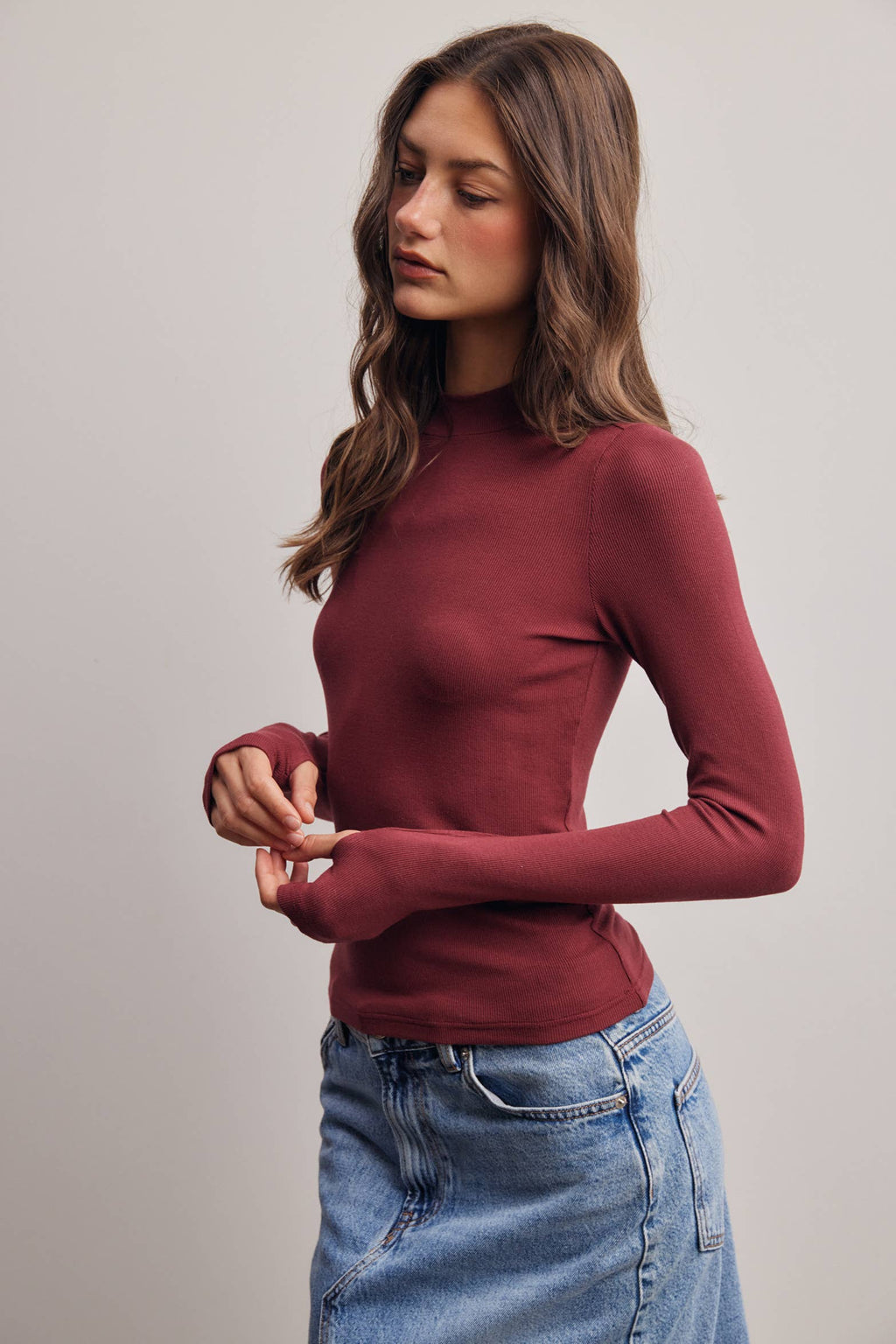 Stretch Ribbed Mock Neck Top