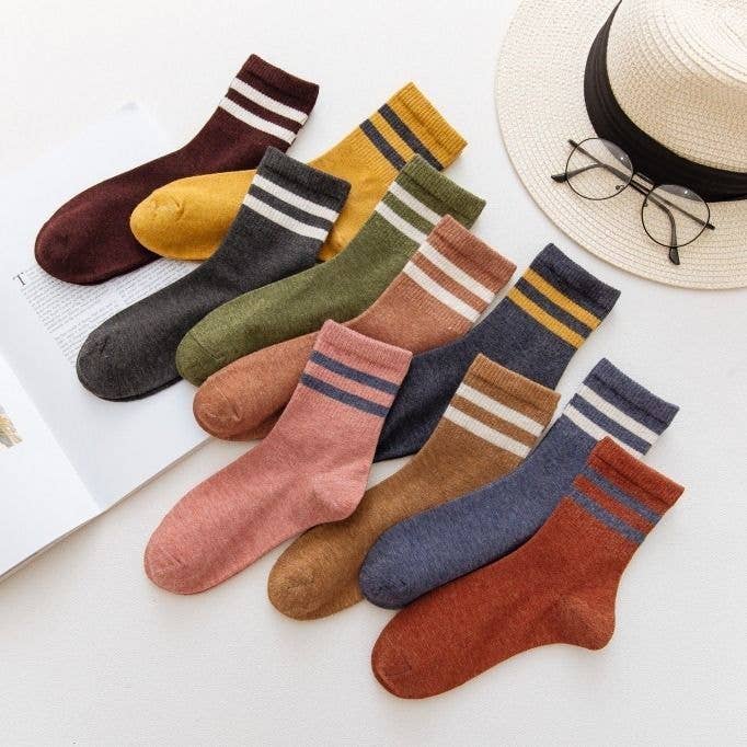 Preppy Versatile Plain Color Striped Socks