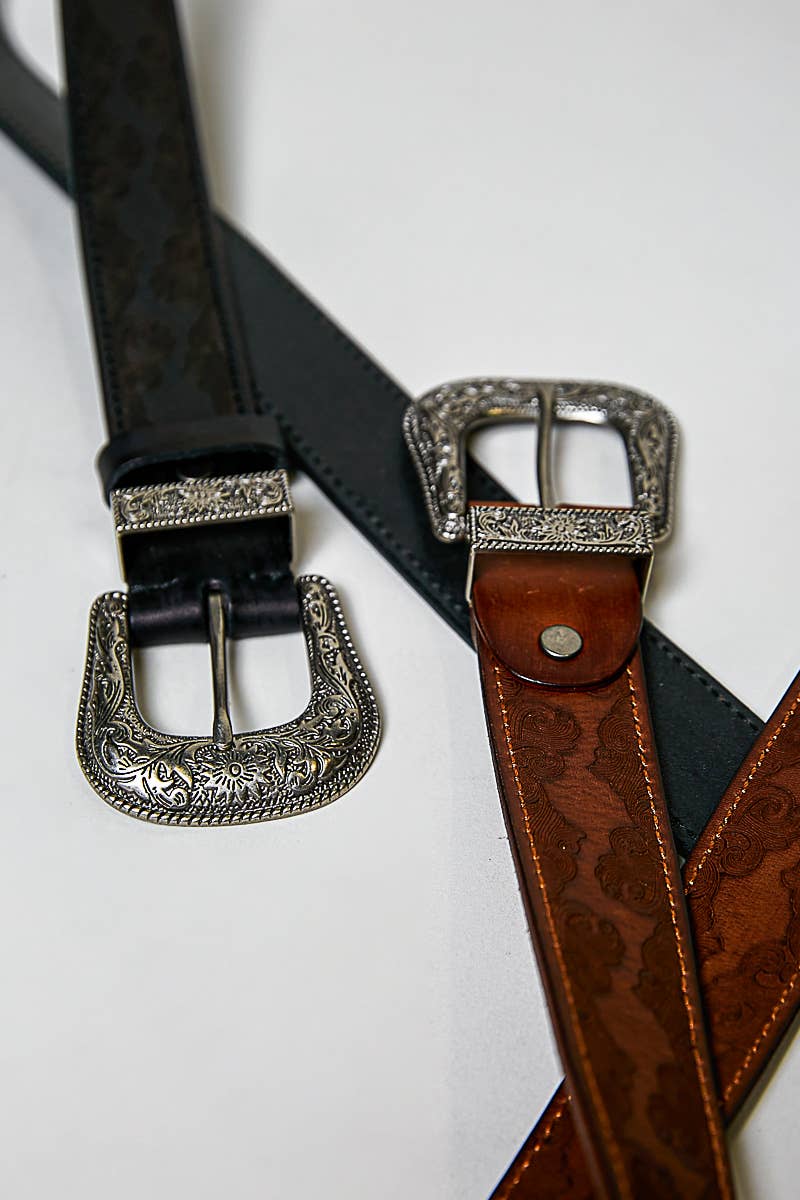 Western-Inspired Floral Embossed Genuine Leather Belt