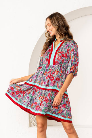 Floral Print Tiered Mini Dress with Puff Sleeves