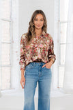 Relaxed Fit Floral Print Button Down Velvet Blouse