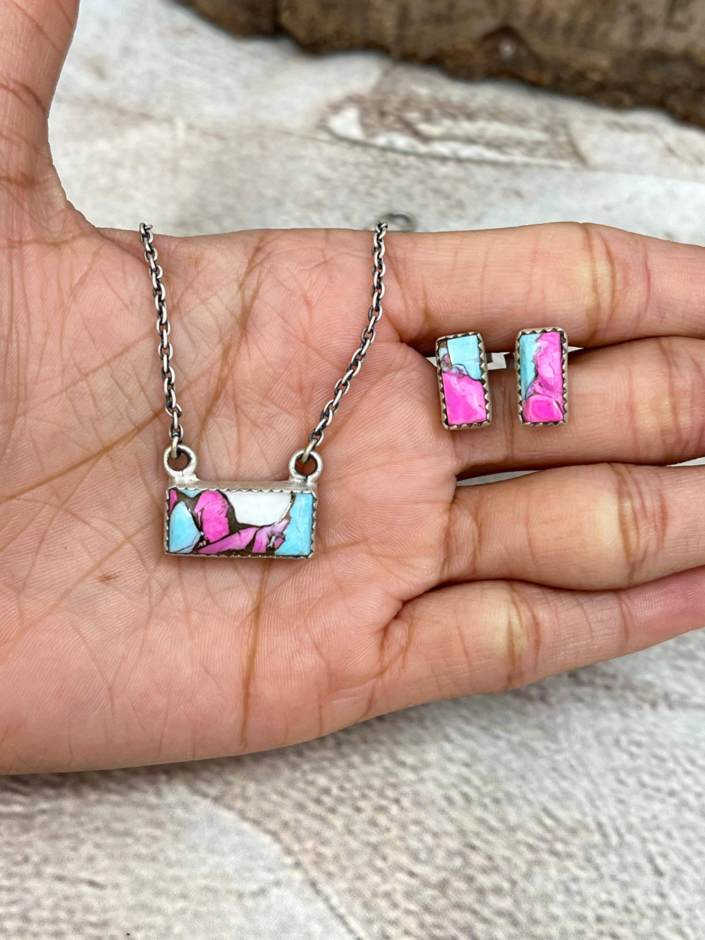 Handmade Sterling Silver Cotton Candy Turquoise Necklace Earrings Set with Signed Nizhoni