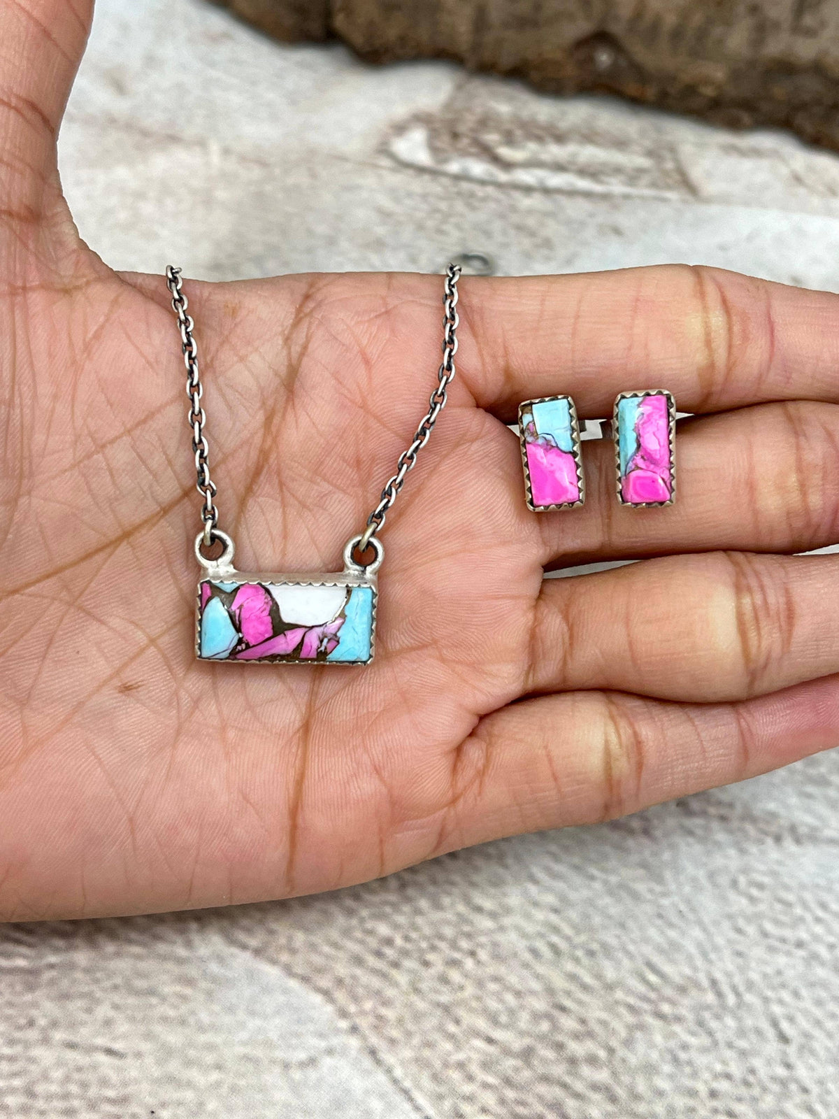 Handmade Sterling Silver Cotton Candy Turquoise Necklace Earrings Set with Signed Nizhoni