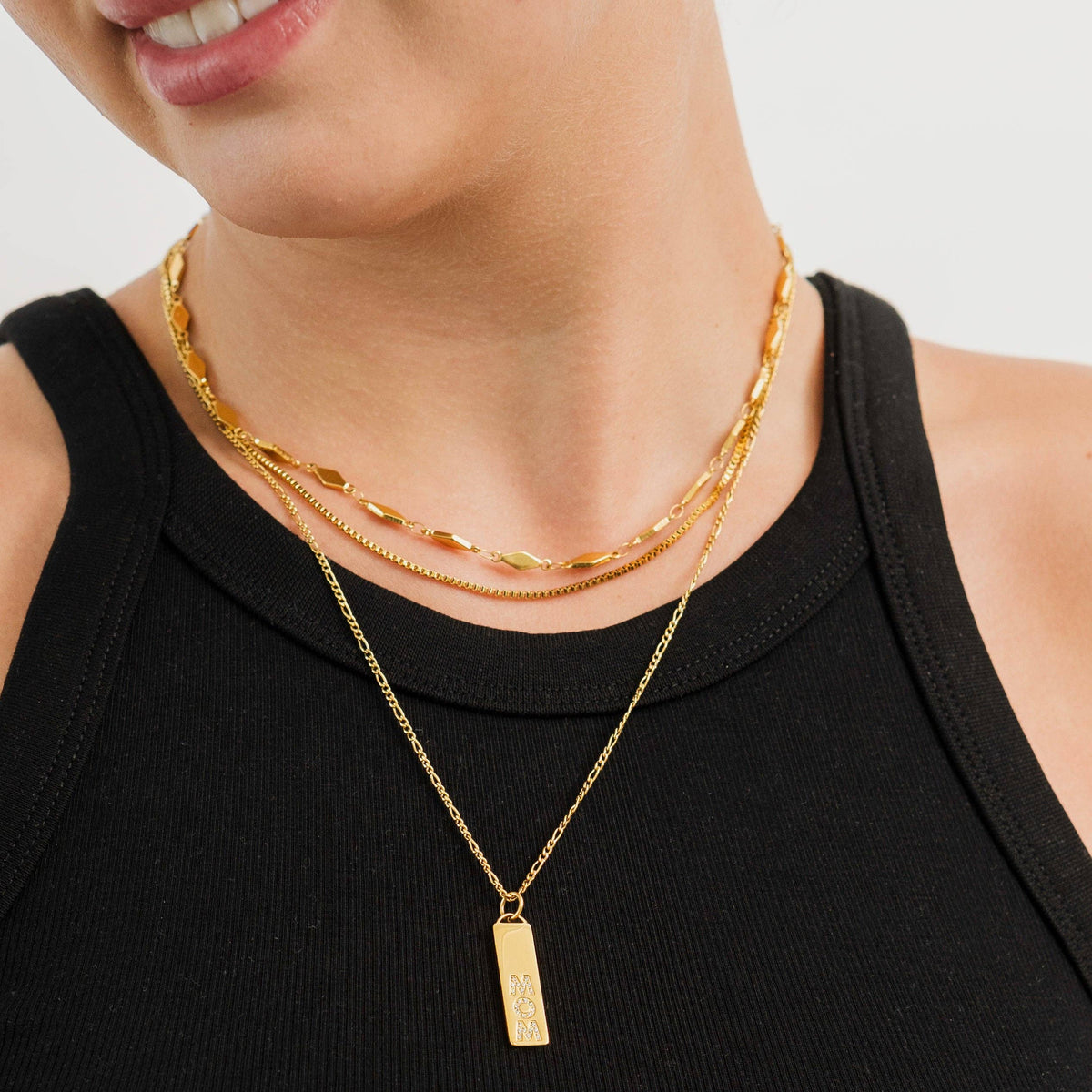 Waterproof Gold Diamond Mom Bar Necklace