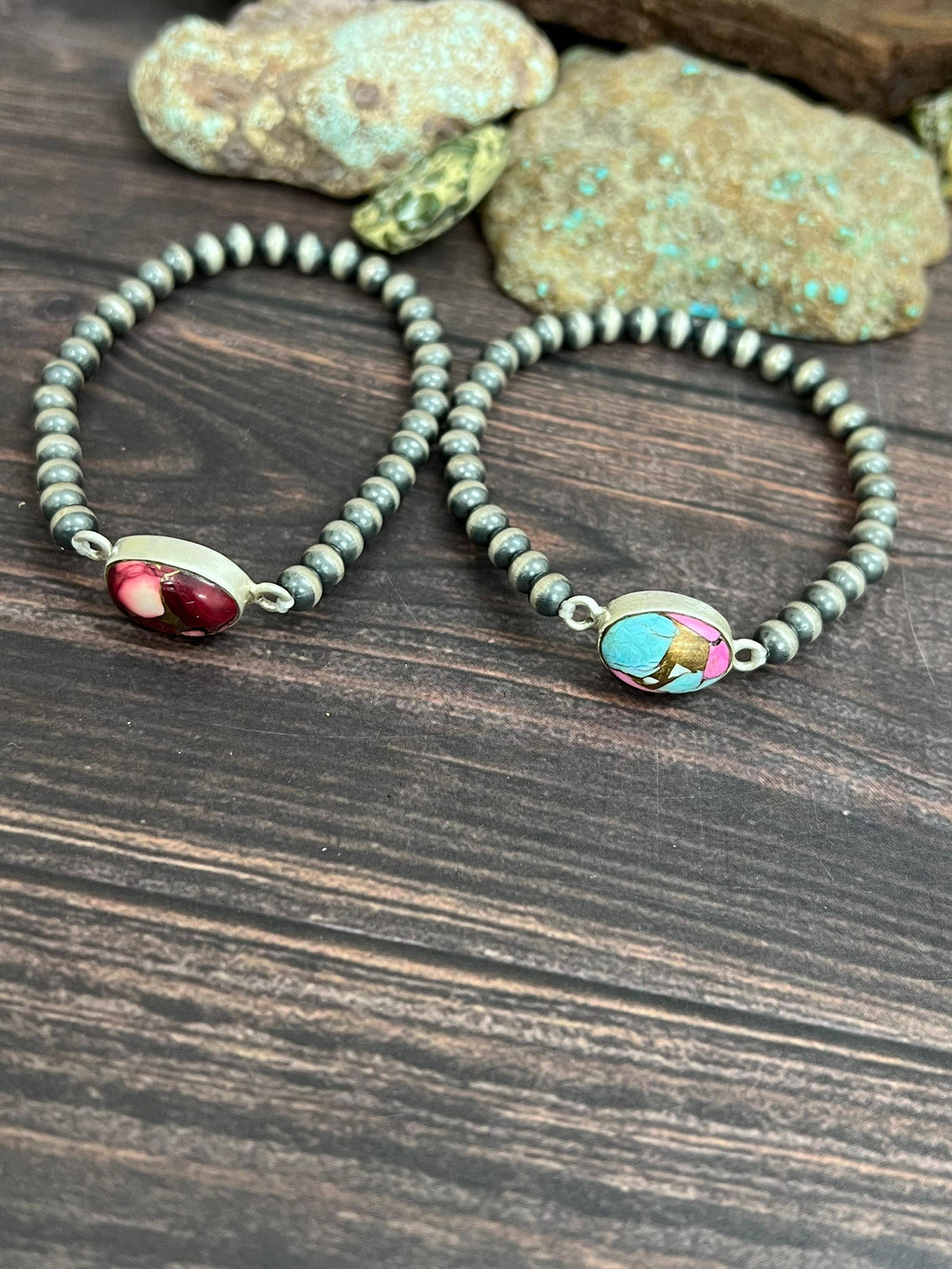 Handmade Sterling Silver Cotton Candy, Dahlia Rose Beaded Bracelet with Signed Nizhoni